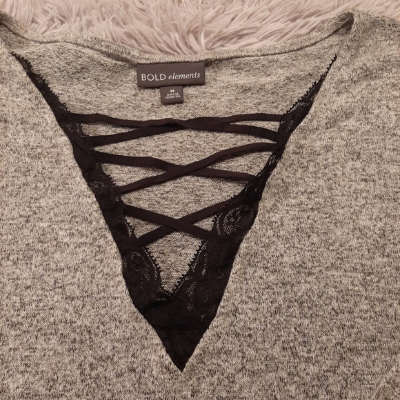 Bold elements gray soft sweater with black lace detail Size Med - Picture 2 of 8